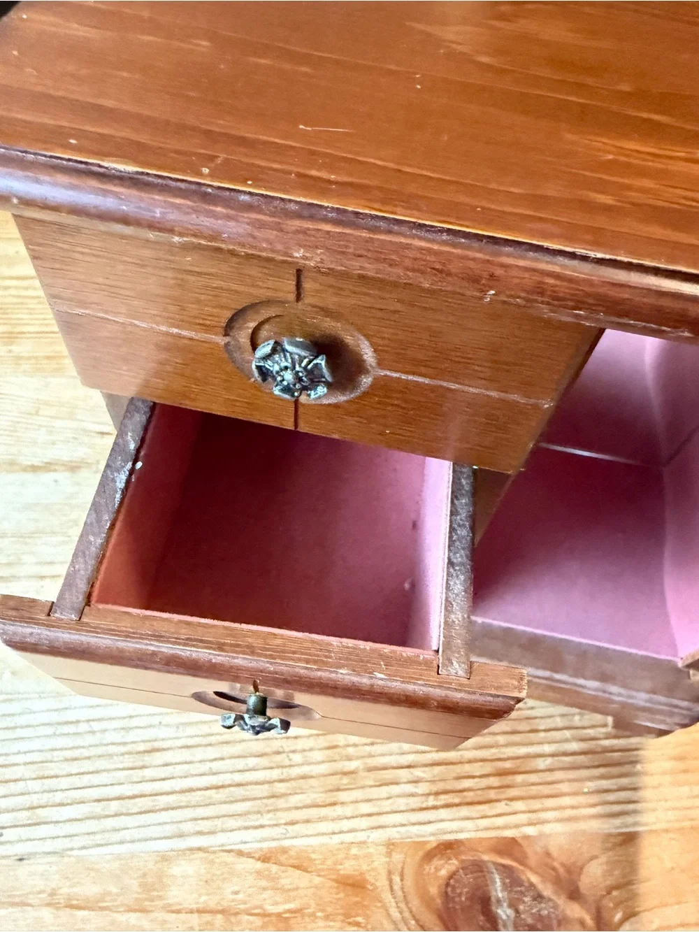 Vintage Wooden Jewelry Cabinet with Floral Glass Door